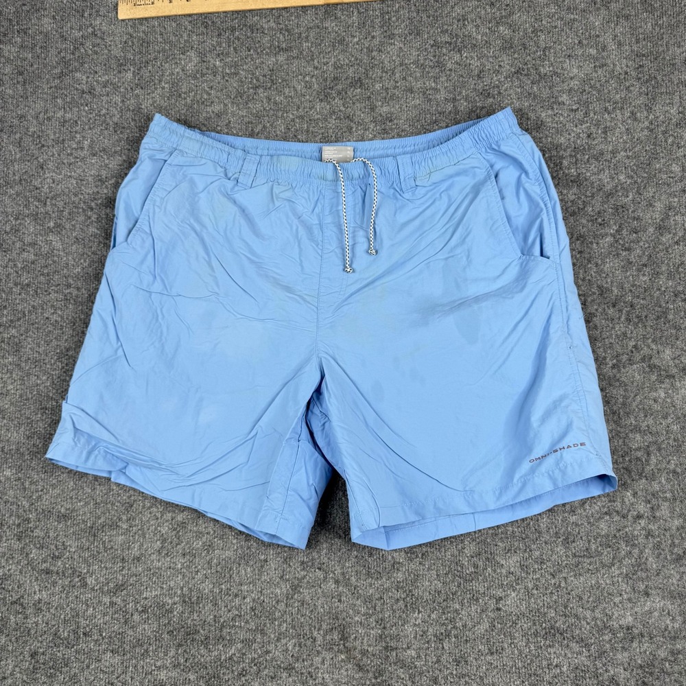 Columbia Shorts Mens Size XL Blue Omni-Shade Elastic Waist Hiking Stains Fair